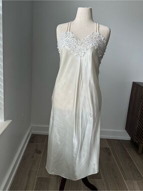 Lord & Taylor Ivory Lace-Trim Satin Slip Dress
